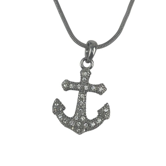 Anchor Pendant Necklace With Rhinestones On Silver-Tone Chain - Picture 6 of 7